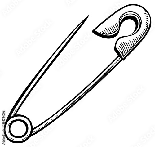 Safety Pin Sketch Drawing in Black and White, Graphic Clasp Illustration, Fastener Outline, Detailed Metal Clip