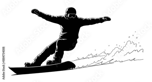 Dynamic black silhouette of snowboarder carving through deep powder snow with arms outstretched for balance creating dramatic spray on winter mountain slope