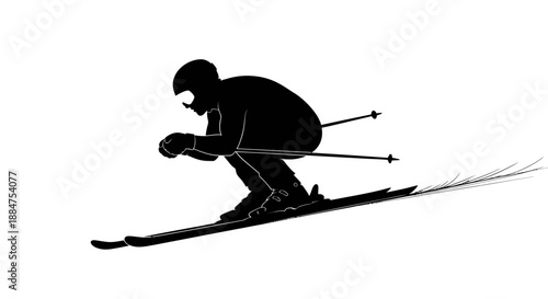 Silhouette of alpine skier in tuck position descending steep snowy slope using poles during high speed downhill racing event or practice