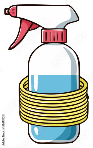 Spray bottle filled with blue liquid and wrapped with multiple yellow rubber bands vector illustration