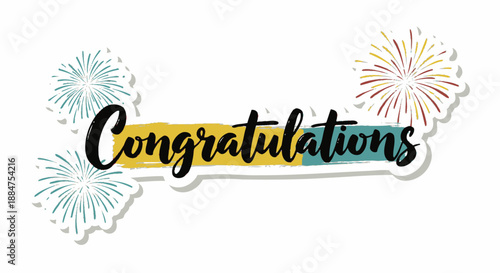Congratulations Text with Festive Fireworks Illustration, isolated white background.
