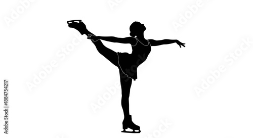 Silhouette of female figure skater performing an elegant arabesque spin element on ice during winter sports competition or practice session