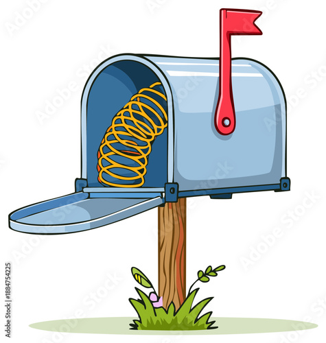 Whimsical cartoon mailbox open revealing a giant yellow coiled spring with its red flag raised