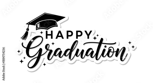 Happy Graduation Elegant Calligraphy with Mortarboard Cap and Shadow Effect, isolated white background.