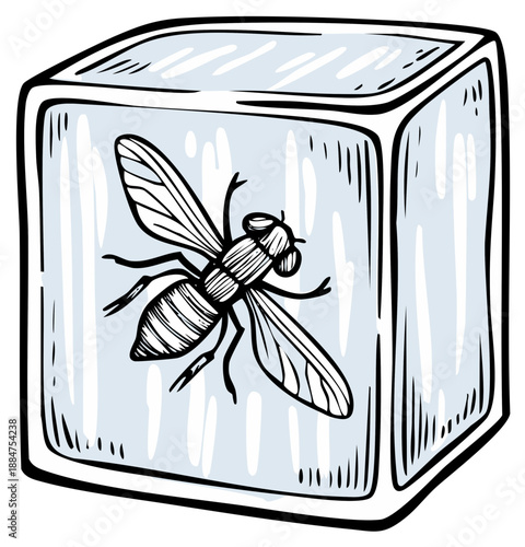 Frozen insect inside ice cube, vector illustration of the bug frozen in the crystal clear ice