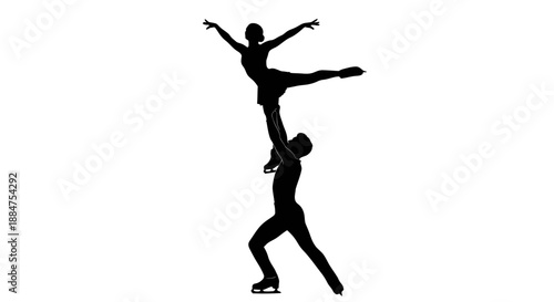 Pair figure skating lift silhouette vector illustration black and white winter sport couple performing acrobatic element performance routine artistic ice dancing