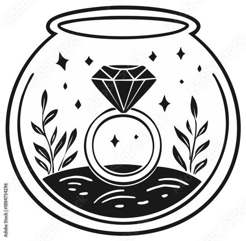 Elegant Diamond Ring Inside A Fishbowl Silhouette Illustrating Celebration and Romance