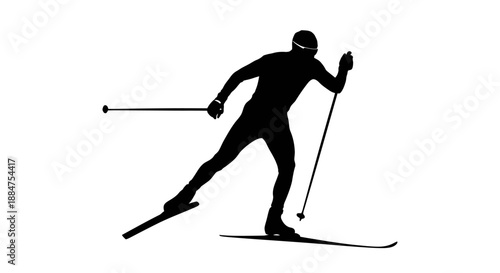 Cross country skier moving through snow, using poles, black silhouette, winter sport endurance, active lifestyle, isolated on white background
