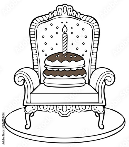 Ornate Armchair with Birthday Cake and Candle Illustration Festive Celebration