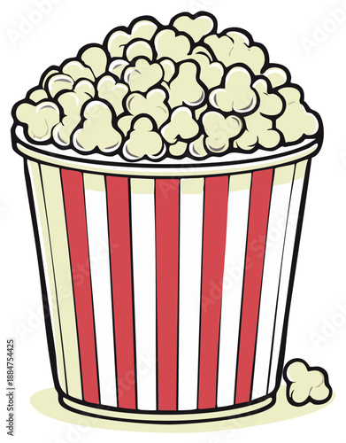 Full striped bucket overflowing with fluffy popcorn snack