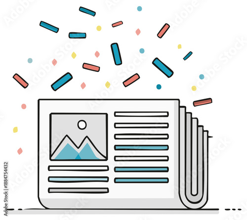 Newspaper with Confetti Celebrating News and Announcements Vector Graphic