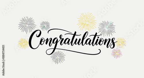Congratulations elegant black script text with subtle colorful fireworks and sparkle accents, celebratory design in bright studio.