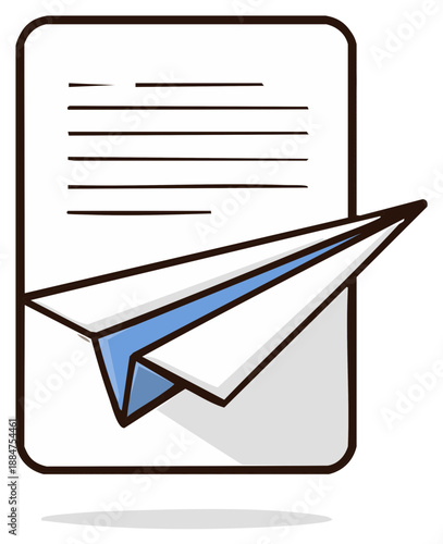 Paper airplane taking flight from a document with lines and blue accents