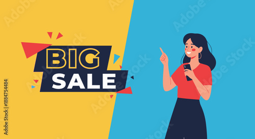 Confident young woman presenting a Big Sale banner, pointing and holding smartphone, engaging promotional illustration on a bright yellow and blue background.
