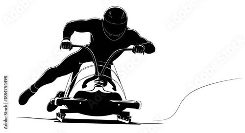 Bobsled team racing down icy track, aggressive turn, driver steering sled, black silhouette, winter sport competition, adrenaline rush, intense focus