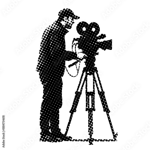 cameraman operating a vintage film camera on a tripod in retro halftone style
