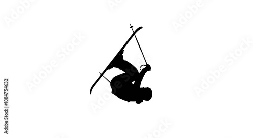 Freestyle skier silhouette performing backflip jump in air with poles and skis on white background representing extreme winter sports mountain action flight