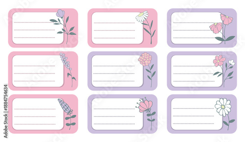 Notebook labels with cute kids icons of flowers, colorful design, template for schoolbook labels. Set bright name stickers for notebook. Back to school labels. Name and Class