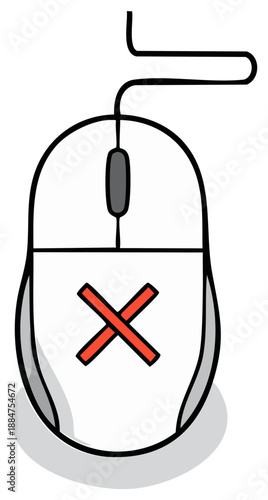 Computer Mouse Illustration with Prohibition Sign  Symbolizing Malfunction or Error Message Graphic, No Connection, or Refusal