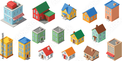 Isometric city buildings and houses illustration set, colorful urban residential and commercial architecture elements, modern real estate 3D visualization collection isolated on white background