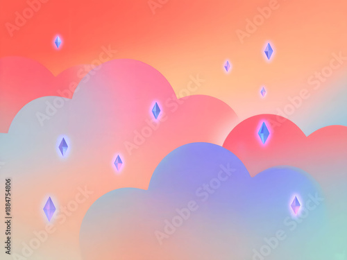 Gradient Pastel Clouds with Floating Glowing Crystals