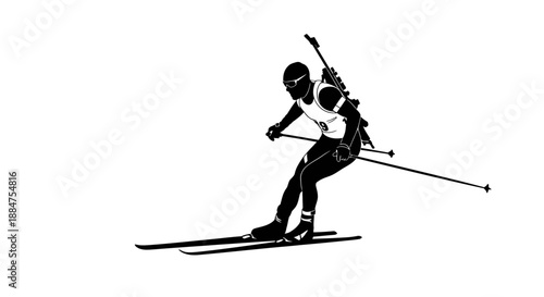 Biathlon athlete skiing with rifle on back showing intense action during winter cross country race competition