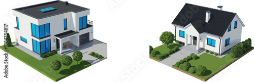 Modern and classic residential house 3D illustrations, contemporary villa and suburban family home exterior designs, real estate architecture visualization isolated on white background 