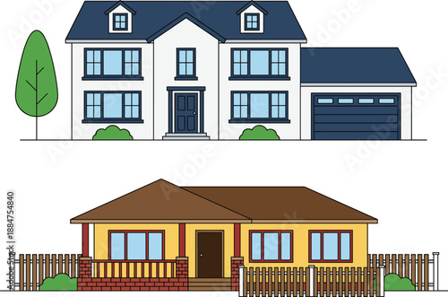 Modern and traditional residential house illustrations showing suburban family homes, architecture exteriors, flat design style, real estate concept, detached houses with garage and porch