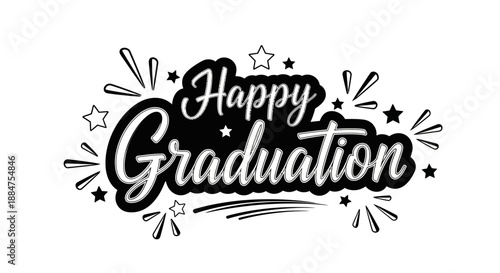 Happy Graduation energetic pop art text with an academic cap and exploding stars, celebrating achievement in a vibrant style on an isolated white background.