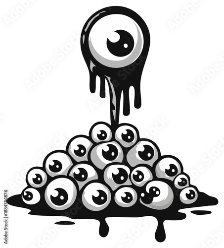 Whimsical Cartoon Monster with Many Eyes and Dripping Black Ink