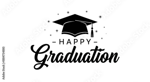 Happy Graduation black script text with a minimalist academic cap and stars, perfect for celebrating educational achievements on an isolated white background.