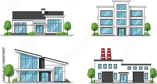 Modern building facades illustration set, residential houses and industrial architecture exteriors, contemporary urban real estate vector collection isolated on white background for property and 
