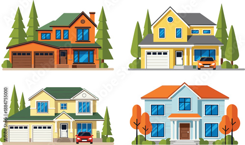 Modern suburban family house illustrations set, colorful residential home exteriors with garages and cars, real estate architecture vector collection isolated on white background