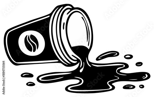 Spilled Coffee Cup with Coffee Beans Icon in Black and White