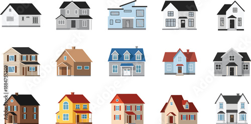 Residential house icons set, modern and classic home exterior illustrations, colorful suburban real estate architecture vector collection isolated on white background for property 