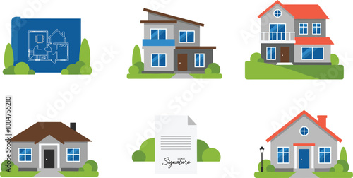 Real estate process icons set, house plans, property documents and modern home illustrations, residential architecture symbols for buying, selling and construction concepts isolated 