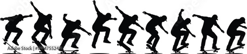 Skateboard trick sequence silhouettes, skateboarder performing jump and flip movements, extreme sport action frames, black vector silhouettes isolated on white background for street sports concepts