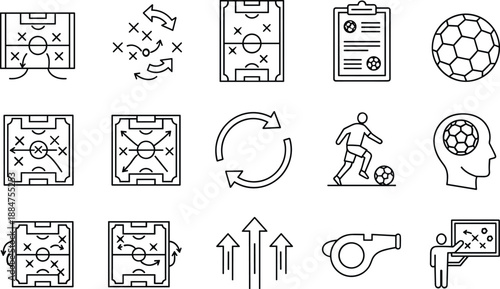 Soccer tactics and strategy line icons set, football field diagrams, coaching symbols, player actions and game planning elements, outline vector collection isolated on white background
