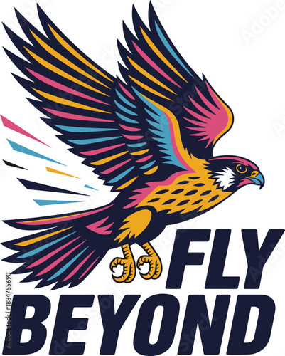 Dynamic vector illustration of a powerful flying falcon mascot logo rendered in vibrant neon colors, symbolizing speed, freedom, and ambitious achievement.