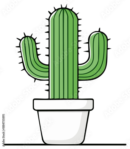 Cartoon cactus plant in a white pot, illustration, desert flora