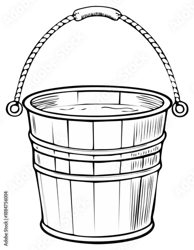 Hand Drawn Wooden Bucket Filled with Water Illustration Simple Graphic