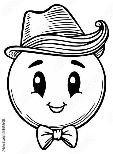 Cartoon character with hat, hair, bow tie, and a happy expression smiling widely.