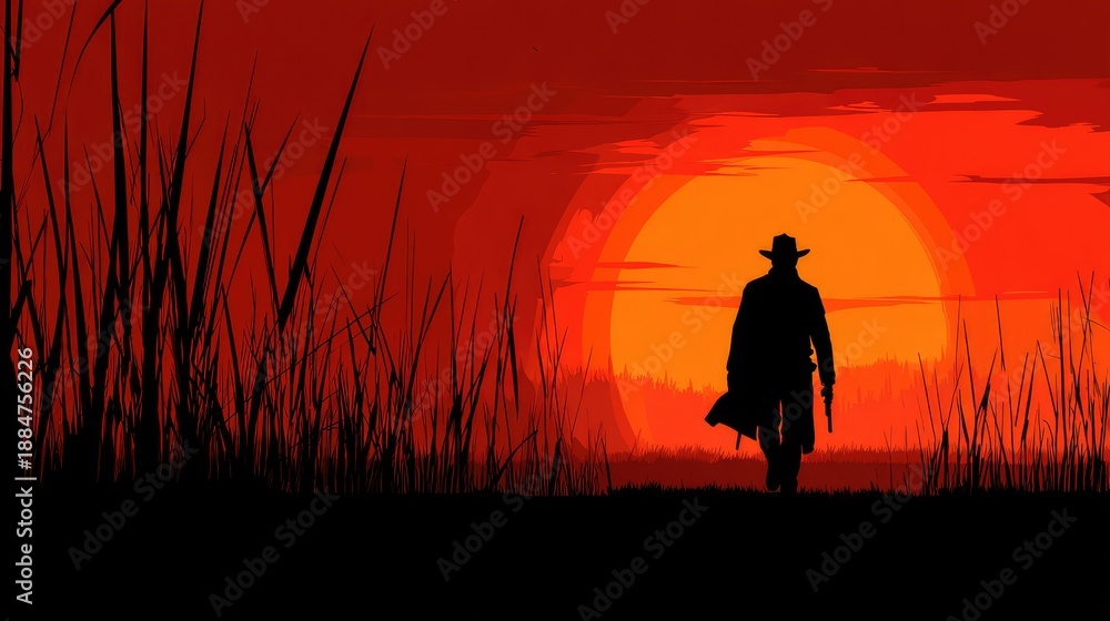 Fototapeta premium Silhouette of a gunslinger walking into a vibrant sunset across a grassy plain
