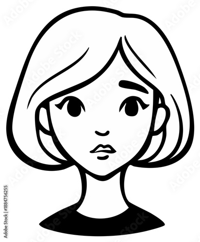 Simplified black and white cartoon portrait of a young woman with short bobbed hair and a curious expression