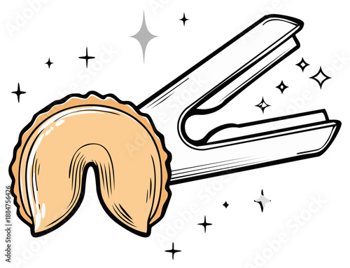 A fortune cookie cracked open next to a metallic stapler with sparkling highlights