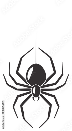 Silhouette of a Black Spider Hanging by a Thread Against a White Backdrop