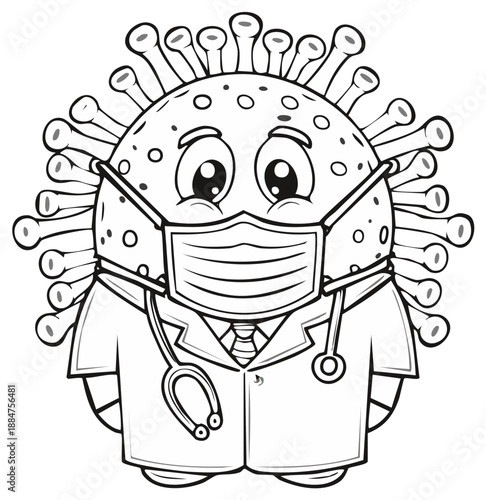 Cartoon coronavirus character dressed as a doctor with a face mask and stethoscope coloring book page illustration
