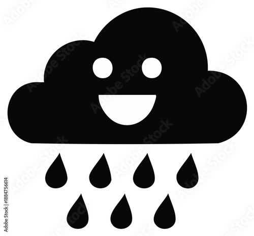 Happy black cloud raining water droplets, simple cartoon style illustration