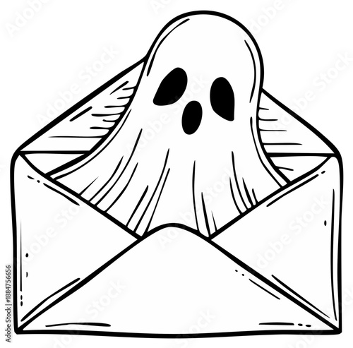Cartoon ghost emerging from an envelope. Halloween concept.