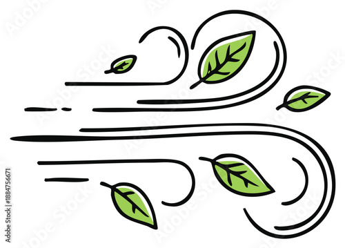 A simple hand drawn illustration of fresh green leaves blowing and swirling in a gust of wind